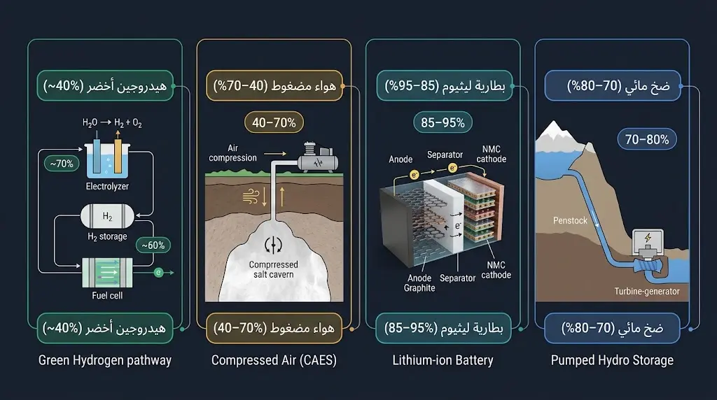 مخطط علمي مقارن لأربعة أنظمة لتخزين الطاقة: الضخ المائي وبطاريات الليثيوم والهواء المضغوط والهيدروجين الأخضر، مع كفاءة كل منها.