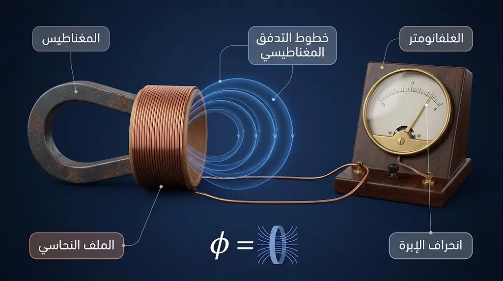 تجربة فاراداي للحث الكهرومغناطيسي تُظهر مغناطيساً يدخل ملفاً نحاسياً مع انحراف إبرة الغلفانومتر وخطوط التدفق المغناطيسي