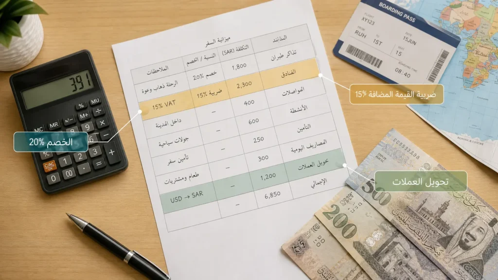 طاولة عمل عليها جدول ميزانية وآلة حاسبة وعملات توضح حساب الضريبة والخصم وتحويل العملات