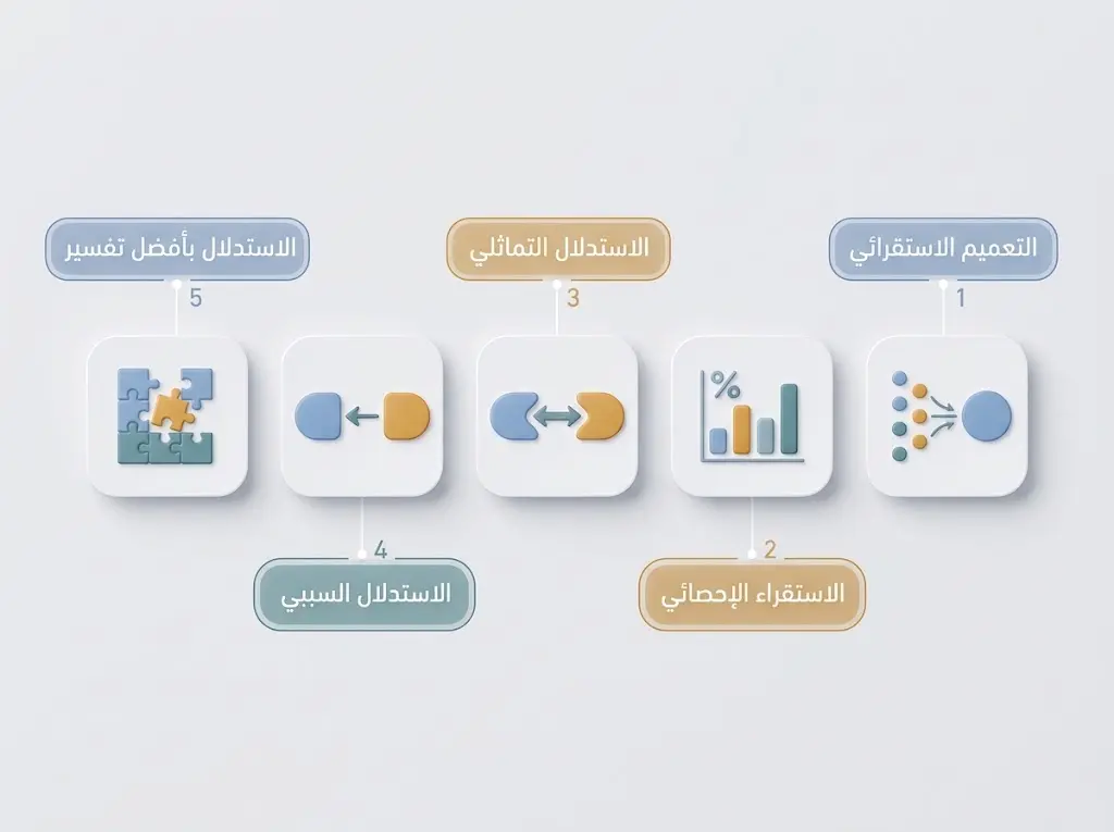 رسم توضيحي يعرض أنواع الاستقراء الخمسة وهي التعميم الاستقرائي والاستقراء الإحصائي والاستدلال التماثلي والاستدلال السببي والاستدلال بأفضل تفسير