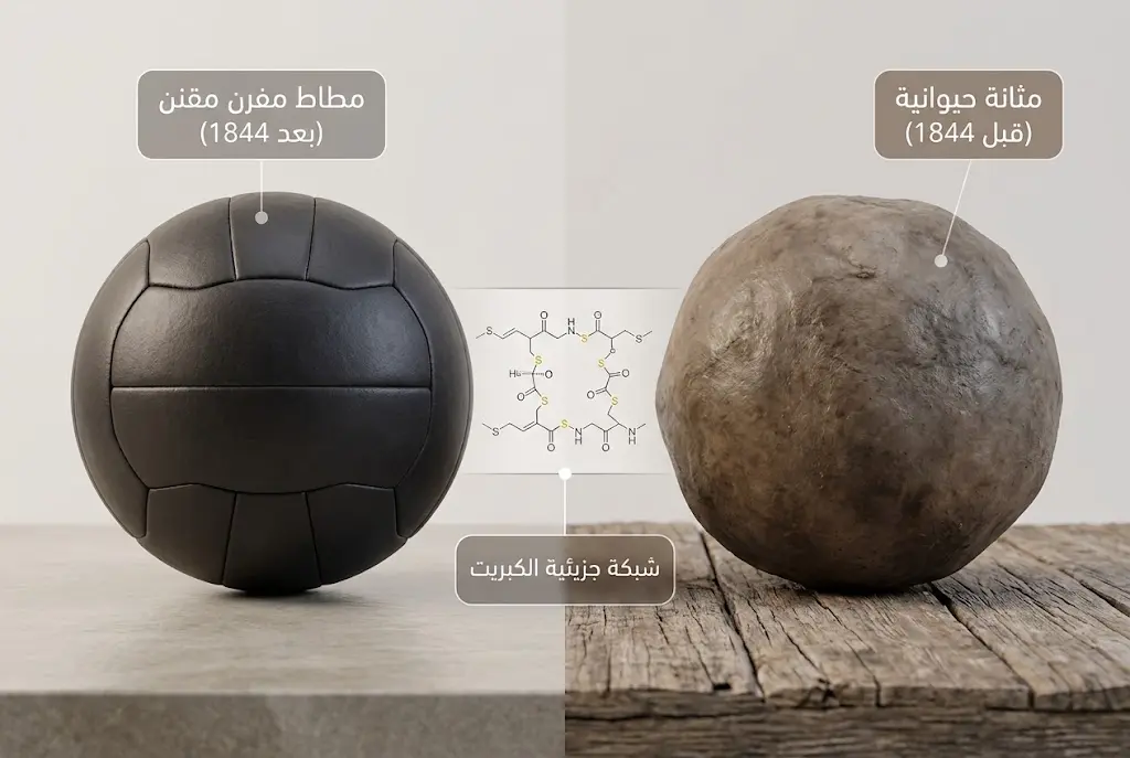 مقارنة بين كرة المثانة الحيوانية وكرة المطاط المفرن مع تمثيل جزيئي للفلكنة
