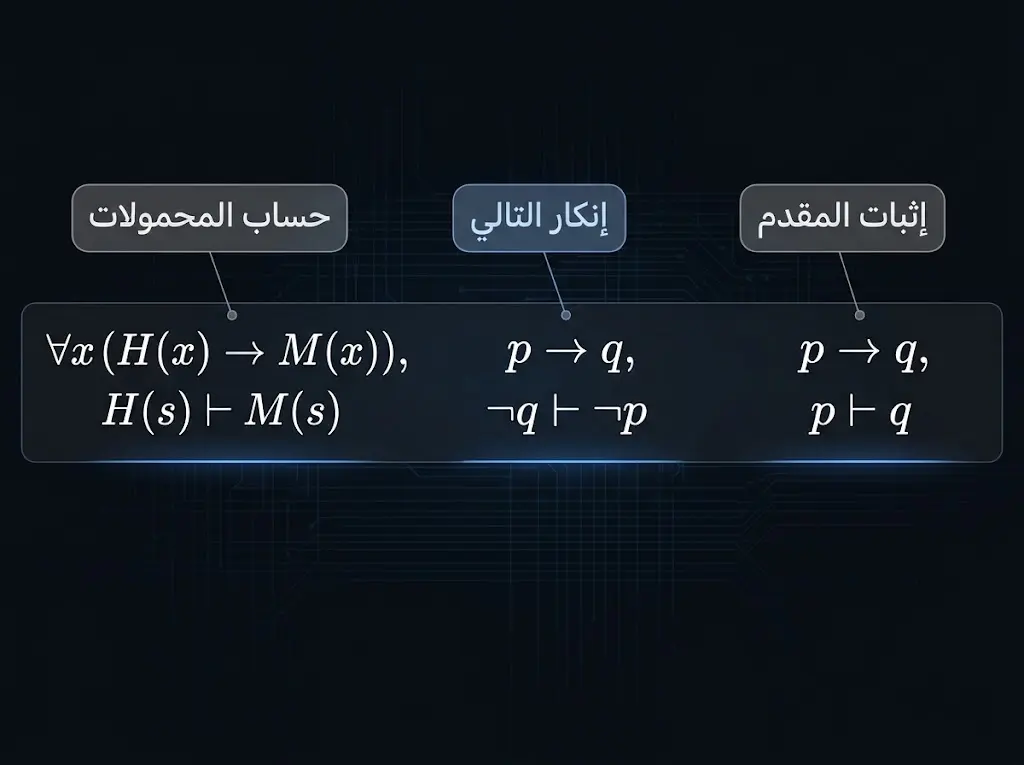 لوحة علمية داكنة تعرض صيغاً رمزية لقواعد المنطق الصوري: إثبات المقدم وإنكار التالي وصيغة حساب المحمولات، بخط رياضي دقيق على خلفية داكنة.