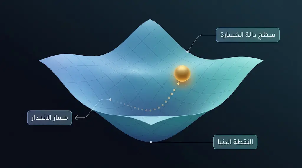 تمثيل ثلاثي الأبعاد لخوارزمية الانحدار التدرجي يُظهر مسار انحدار كرة على سطح دالة الخسارة نحو النقطة الدنيا