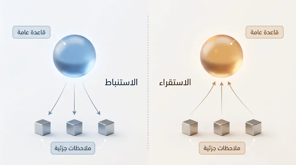 رسم توضيحي ثلاثي الأبعاد يقارن بين الاستقراء والاستنباط حيث ينطلق الاستقراء من ملاحظات جزئية نحو قاعدة عامة بينما ينطلق الاستنباط من قاعدة عامة نحو نتائج جزئية