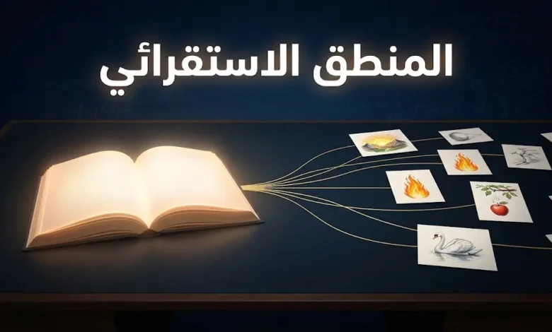صورة غلاف تمثّل المنطق الاستقرائي حيث تتجمع ملاحظات جزئية متناثرة وتتقارب خطوطها نحو كتاب مضيء يرمز إلى القانون العلمي العام
