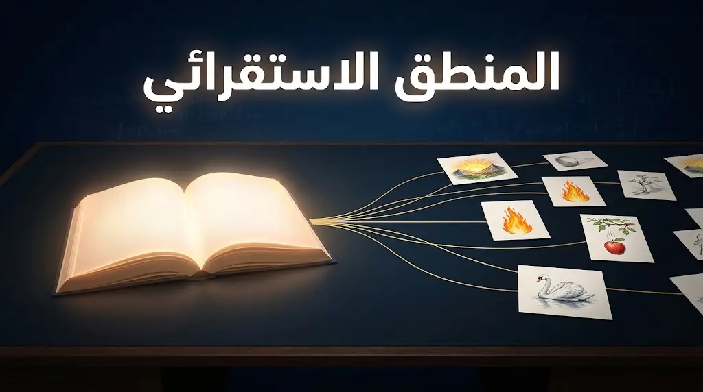 صورة غلاف تمثّل المنطق الاستقرائي حيث تتجمع ملاحظات جزئية متناثرة وتتقارب خطوطها نحو كتاب مضيء يرمز إلى القانون العلمي العام