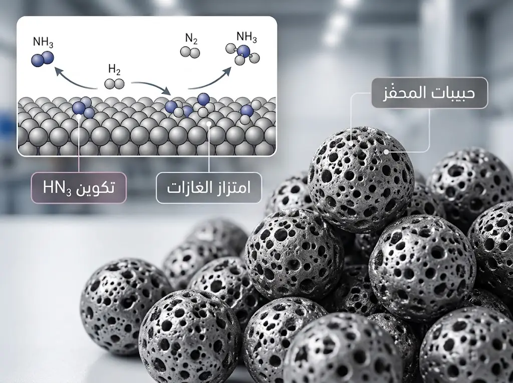 صورة واقعية لحبيبات محفز صناعي مسامي مع مخطط توضيحي يُظهر امتزاز غازات النيتروجين والهيدروجين على السطح وتكوين الأمونيا
