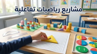 طاولة مدرسية عليها أدوات ومجسمات لمشاريع رياضيات تفاعلية للأطفال