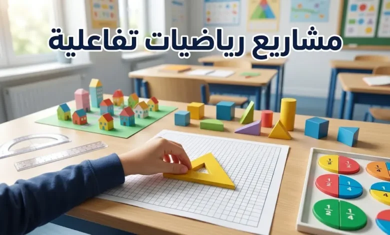 طاولة مدرسية عليها أدوات ومجسمات لمشاريع رياضيات تفاعلية للأطفال
