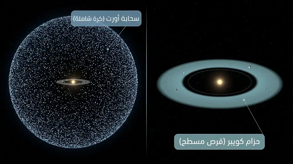 مقارنة بصرية علمية بين حزام كويبر القرصي المسطح وسحابة أورت الكروية الشاملة المحيطة بالمنظومة الشمسية من كل الاتجاهات
