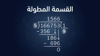 غلاف مقال القسمة المطولة يُظهر خوارزمية حسابية على لوح أسود بأرقام واضحة.