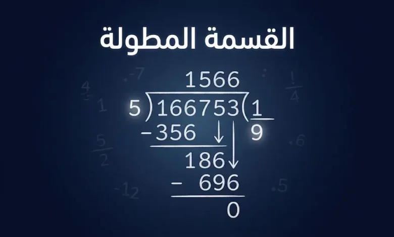 غلاف مقال القسمة المطولة يُظهر خوارزمية حسابية على لوح أسود بأرقام واضحة.