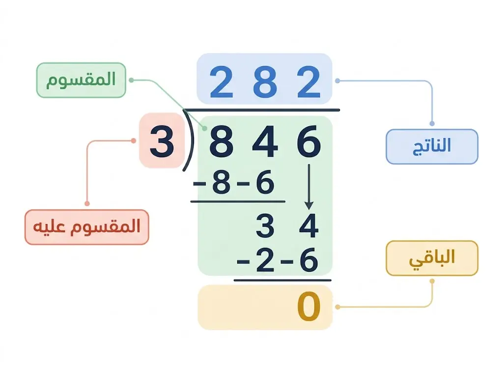 مخطط تعليمي يُظهر أركان عملية القسمة المطولة الأربعة: المقسوم والمقسوم عليه والناتج والباقي.