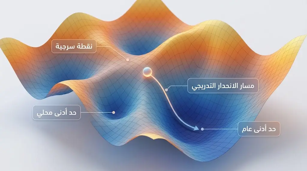 تصور ثلاثي الأبعاد لفضاء الخسارة في الشبكات العصبية العميقة ومسار الانحدار التدريجي