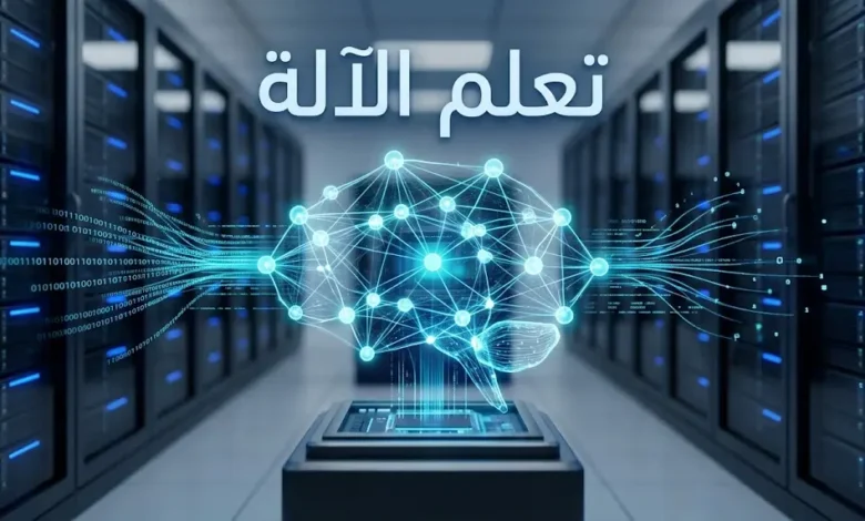 صورة توضيحية لمفهوم تعلم الآلة تُظهر شبكة عصبية اصطناعية متوهجة تتغذى بتدفقات البيانات