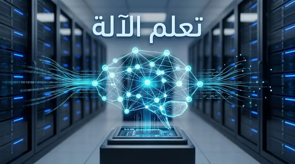 صورة توضيحية لمفهوم تعلم الآلة تُظهر شبكة عصبية اصطناعية متوهجة تتغذى بتدفقات البيانات