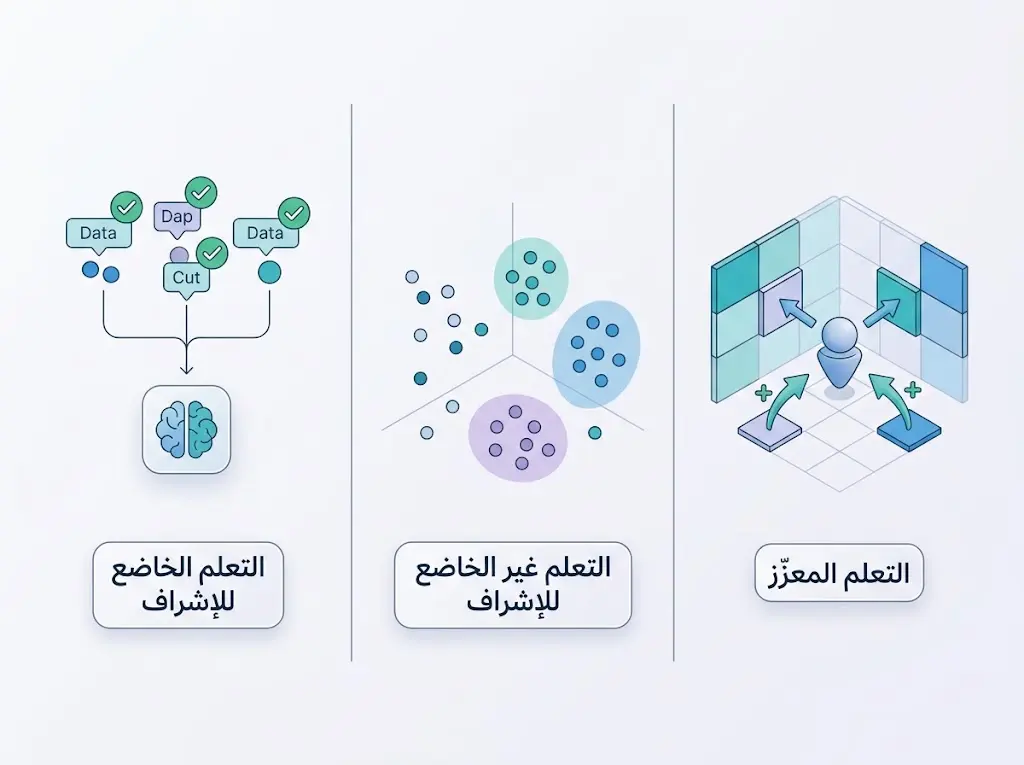 مخطط مقارن يوضح الفرق بين التعلم الخاضع للإشراف وغير الخاضع للإشراف والتعلم المعزّز