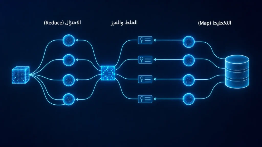 رسم توضيحي لآلية عمل خوارزمية MapReduce عبر مراحل التخطيط والخلط والاختزال