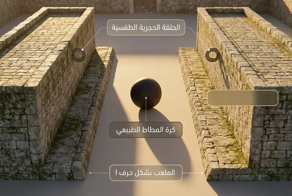 ملعب كروي طقسي من حضارات أميركا الوسطى يُظهر الحلقة الحجرية وكرة المطاط