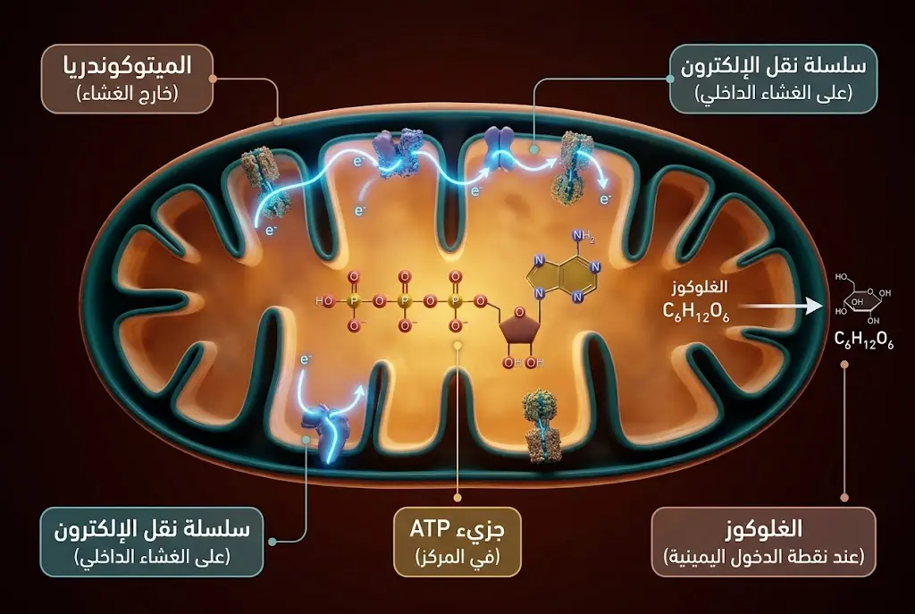 مقطع عرضي ثلاثي الأبعاد للميتوكوندريا يُظهر سلسلة نقل الإلكترون وإنتاج ATP في التنفس الخلوي