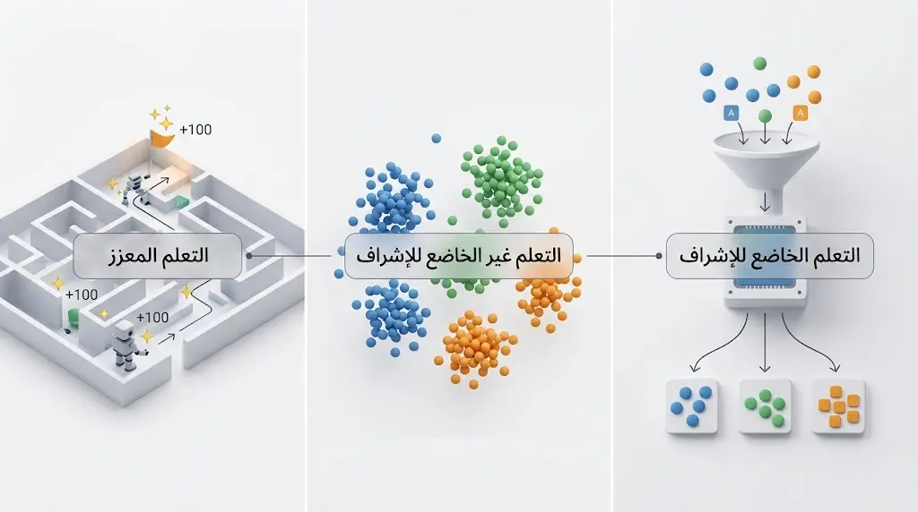 رسم علمي يقارن بين ثلاثة أنواع رئيسة من خوارزميات تعلم الآلة