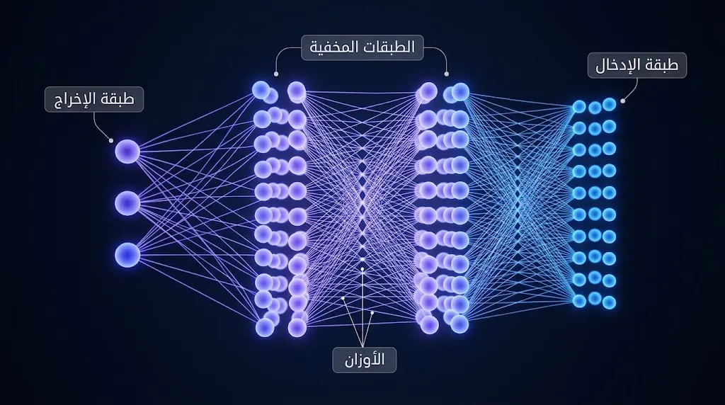 بنية شبكة عصبية اصطناعية بثلاث طبقات متصلة بأوزان محسوبة