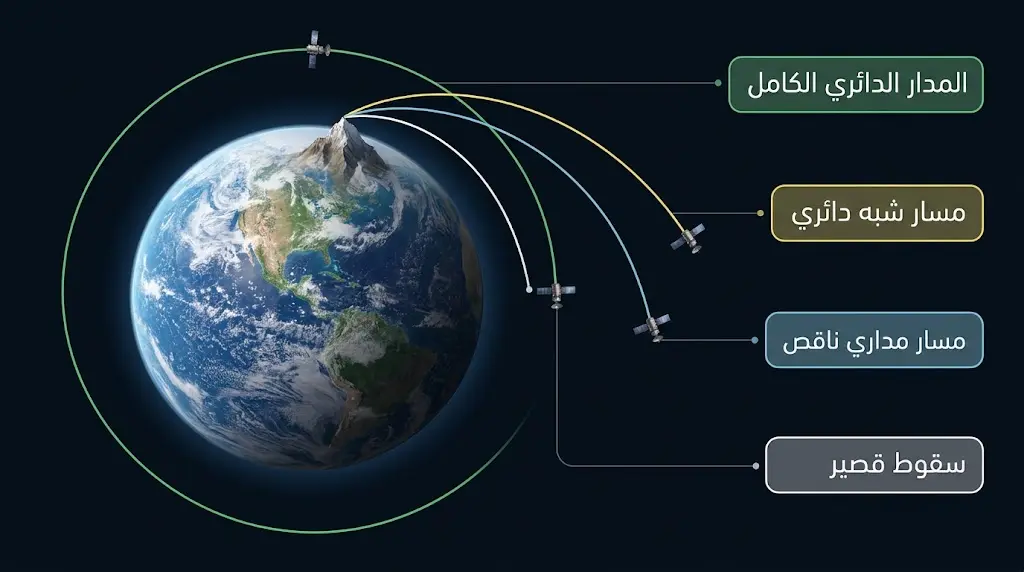 مخطط علمي يوضح تجربة مدفع نيوتن الفكرية وكيف تتحول حركة المقذوف إلى مدار دائري عند السرعة المدارية الكافية.