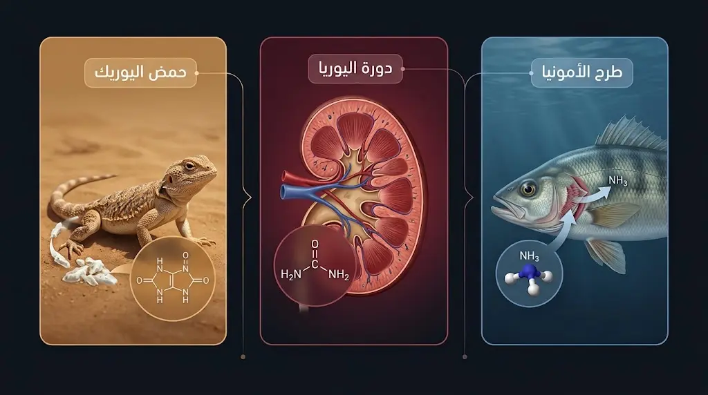 رسم مقارن بين مسارات الإخراج النيتروجيني الثلاثة في الحيوانات: الأمونيا واليوريا وحمض اليوريك