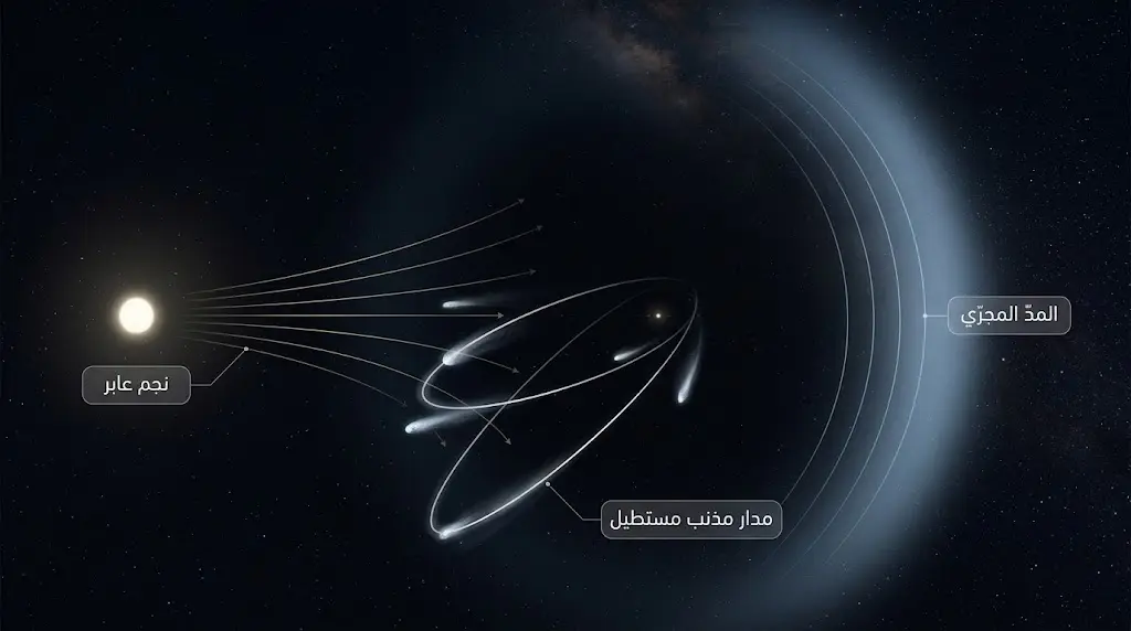 رسم علمي فلكي يُظهر تأثير المدّ المجرّي والنجوم العابرة في دفع أجسام سحابة أورت نحو مدارات مذنبية مستطيلة