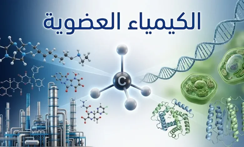 تمثيل ثلاثي الأبعاد لذرة الكربون المحاطة بتطبيقات حيوية وصناعية مع عنوان الكيمياء العضوية