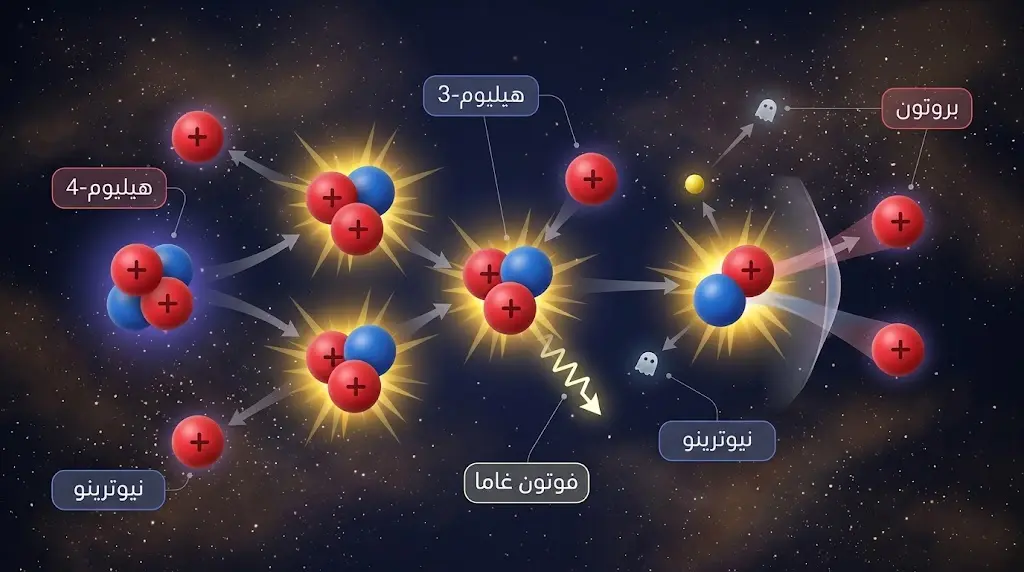 رسم علمي لسلسلة اندماج البروتون-البروتون النووية في لب الشمس يُظهر مراحلها الثلاث من اليمين إلى اليسار