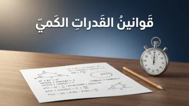 صورة غلاف تُظهر ورقة اختبار رياضية بجانب ساعة توقيت وقلم رصاص على مكتب أنيق مع عنوان قوانين القدرات الكمي