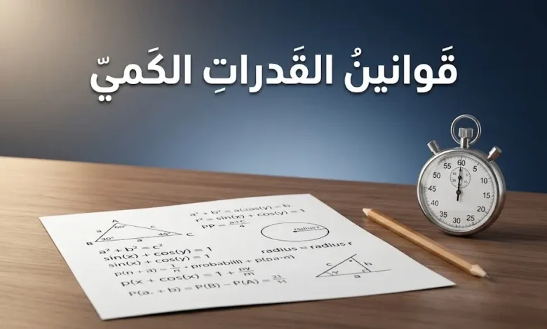 صورة غلاف تُظهر ورقة اختبار رياضية بجانب ساعة توقيت وقلم رصاص على مكتب أنيق مع عنوان قوانين القدرات الكمي