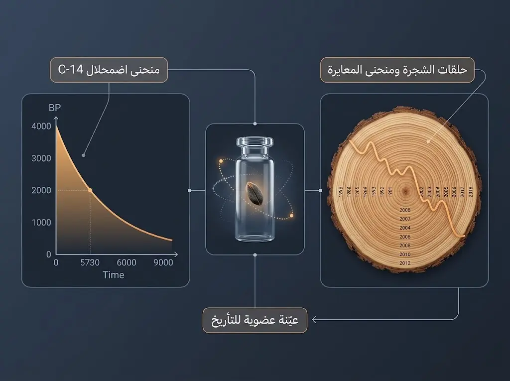 رسم توضيحي ثلاثي الأبعاد لمبدأ التأريخ بالكربون المشع يجمع منحنى الاضمحلال وحلقات الأشجار والعيّنة الأثرية.