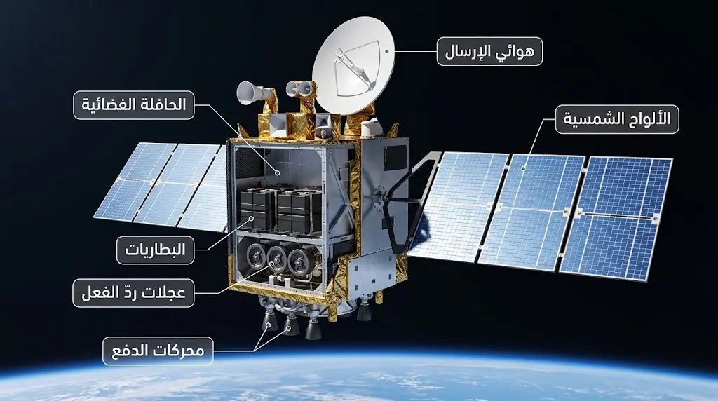 مقطع ثلاثي الأبعاد تفصيلي يوضح المكونات الداخلية والخارجية لقمر صناعي حديث في الفضاء.