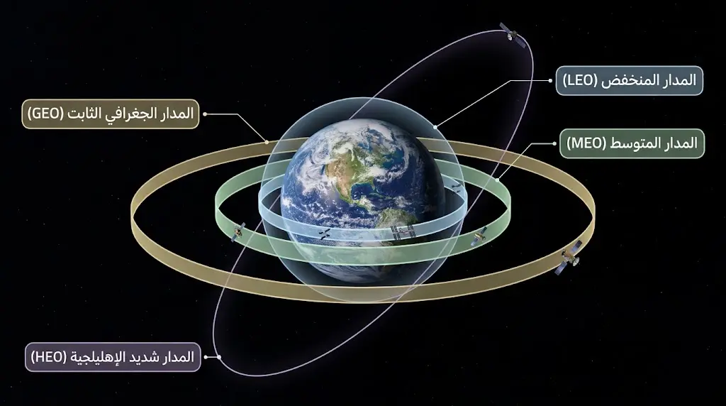 مخطط ثلاثي الأبعاد يُظهر المدارات الأربعة الرئيسة للأقمار الصناعية حول الأرض بأحجامها النسبية الصحيحة.