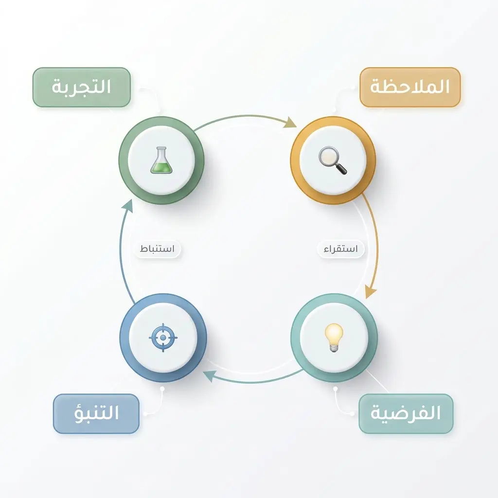 رسم توضيحي ثلاثي الأبعاد يوضح دورة المنهج العلمي من الملاحظة إلى الفرضية إلى التنبؤ إلى التجربة في حلقة تجمع الاستقراء والاستنباط