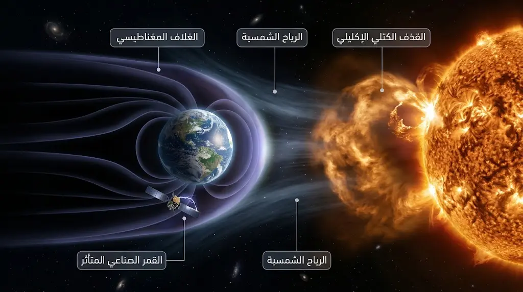 تصوير فلكي واقعي لقذف كتلي إكليلي ينطلق من الشمس ويتفاعل مع الغلاف المغناطيسي الأرضي مهدداً الأقمار الصناعية.