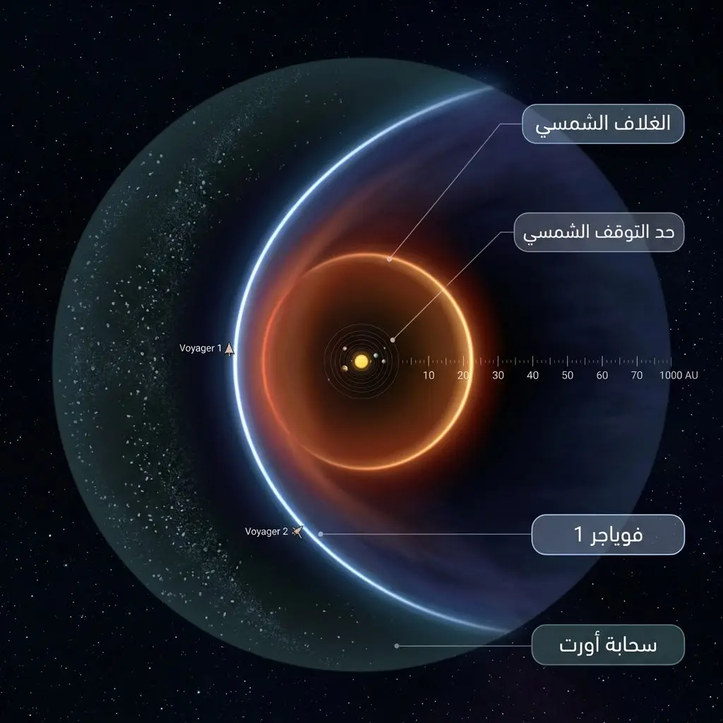 رسم علمي يُظهر حدود المجموعة الشمسية من الغلاف الشمسي حتى سحابة أورت مع موقع مسبار فوياجر 1