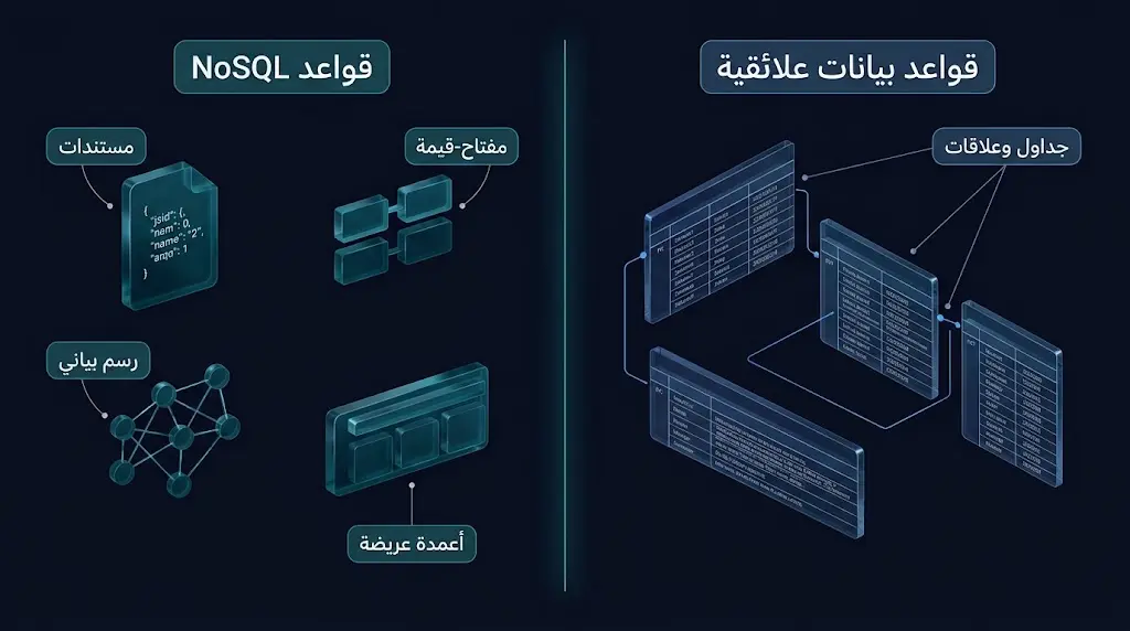 مقارنة بصرية بين قواعد البيانات العلاائقية وقواعد NoSQL مع أنواعها الأربعة الرئيسة.