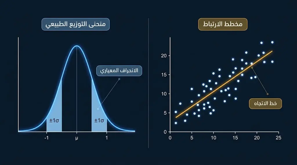 رسم إحصائي علمي يُظهر منحنى التوزيع الطبيعي ومخطط الارتباط الخطي بين متغيرين