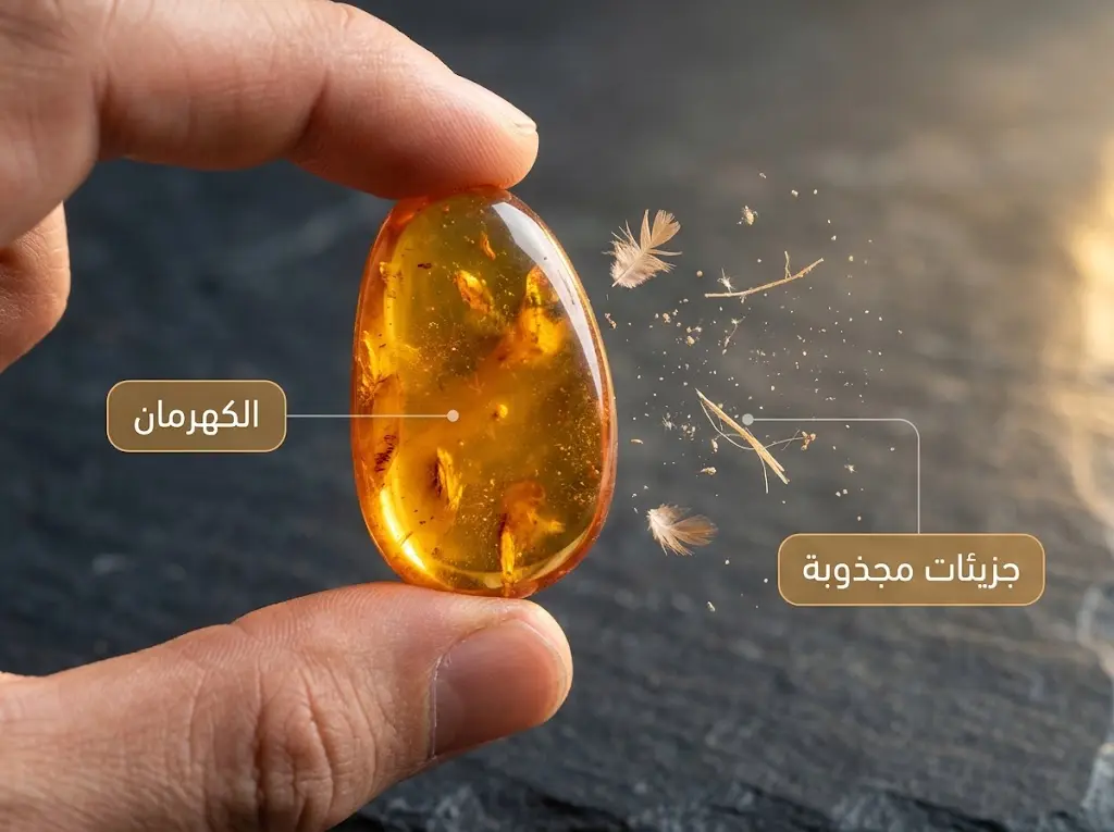 قطعة كهرمان مصقولة تجذب ريشاً وجزيئات خفيفة عبر الكهرباء الساكنة الناتجة عن الاحتكاك