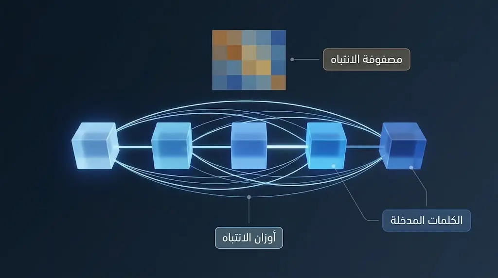 تمثيل ثلاثي الأبعاد لآلية الانتباه الذاتي في بنية المحوّل يُظهر كيف تتفاعل الكلمات مع بعضها عبر أوزان انتباه متفاوتة