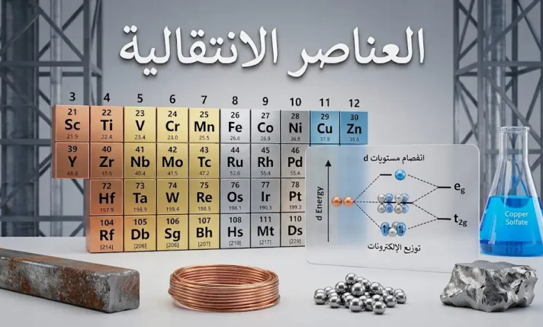 صورة غلاف توضح العناصر الانتقالية في الجدول الدوري مع عينات فلزية ومخطط انشطار المدارات d