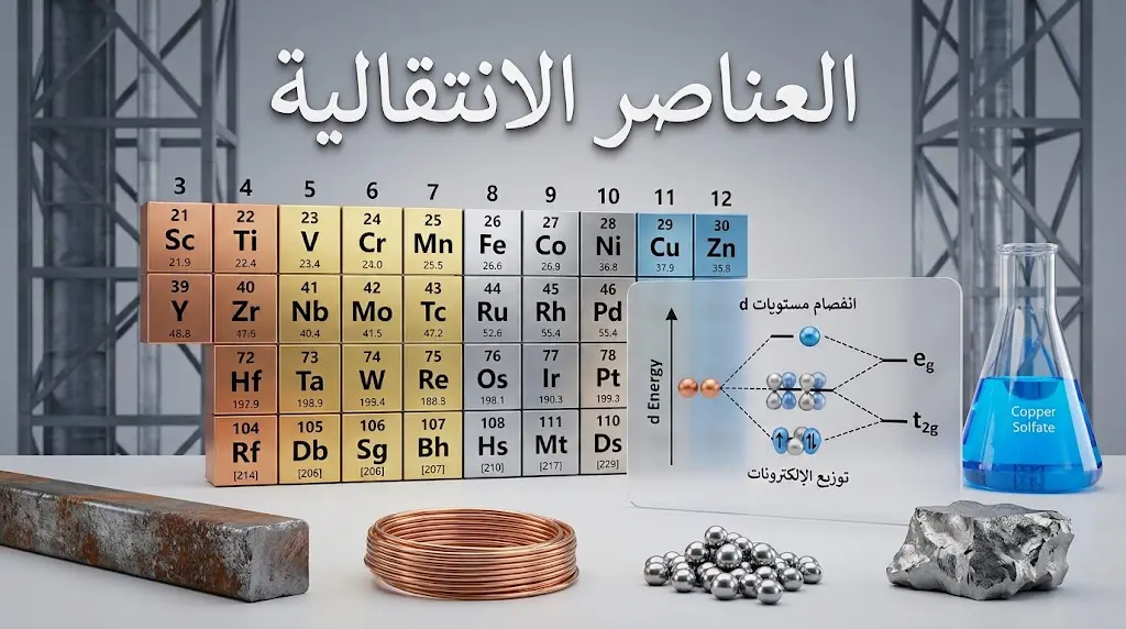 صورة غلاف توضح العناصر الانتقالية في الجدول الدوري مع عينات فلزية ومخطط انشطار المدارات d