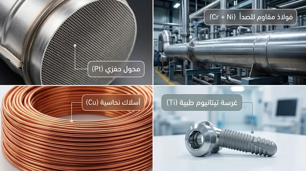 صورة مركبة توضح أربعة تطبيقات رئيسة للعناصر الانتقالية: أنابيب فولاذية صناعية، محول حفزي بلاتيني، غرسة عظام تيتانيوم، وأسلاك نحاسية كهربائية