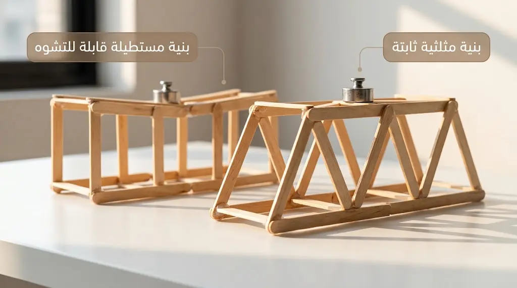 مقارنة بين جسرين من الأعواد الخشبية أحدهما مثلثي ثابت والآخر مستطيل يتشوه تحت الحمل