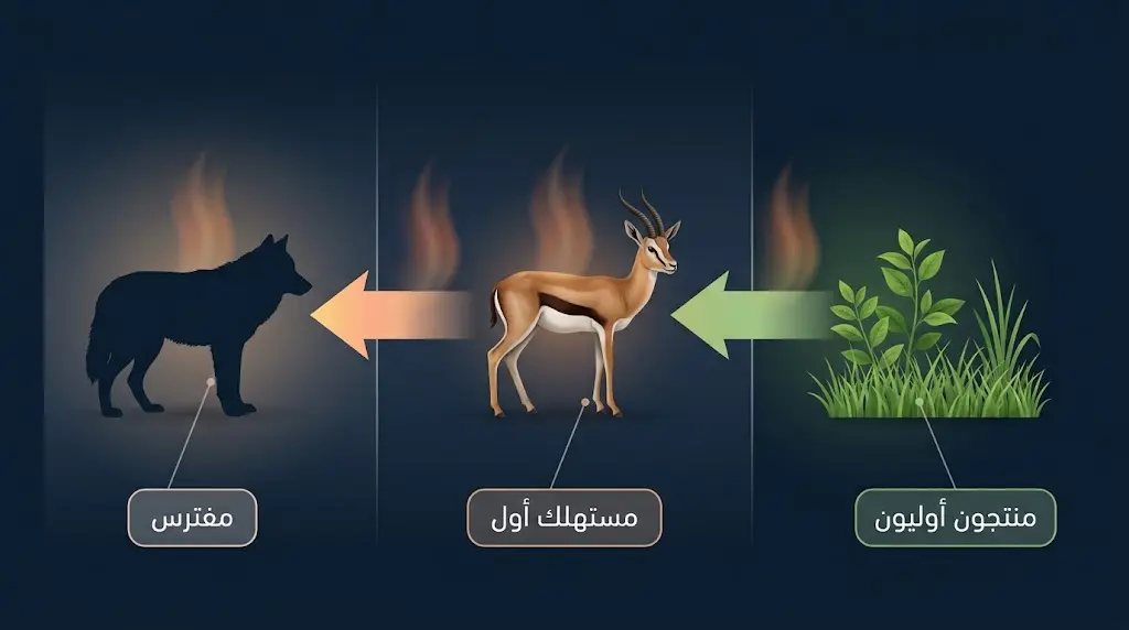 مخطط تدفق الطاقة عبر المستويات التغذوية من المنتجين إلى المفترسين