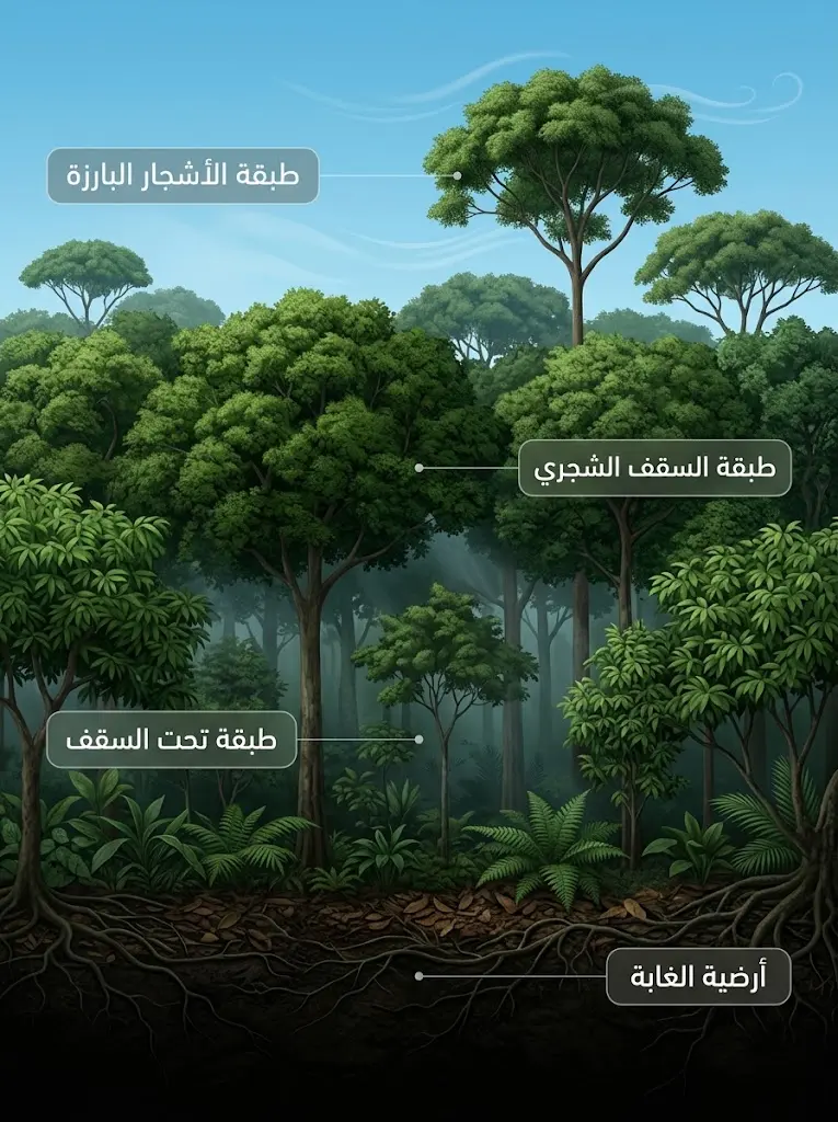مقطع رأسي علمي يوضح الطبقات الأربع للغابة المطيرة من الأشجار البارزة إلى أرضية الغابة
