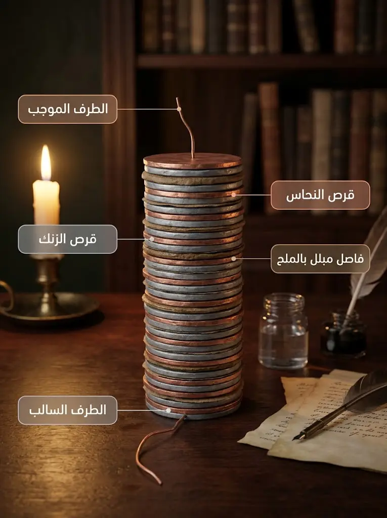 العمود الفولطي المبكر من عام 1800 يظهر أقراص الزنك والنحاس المتناوبة مع الفواصل المبللة بالمحلول الملحي
